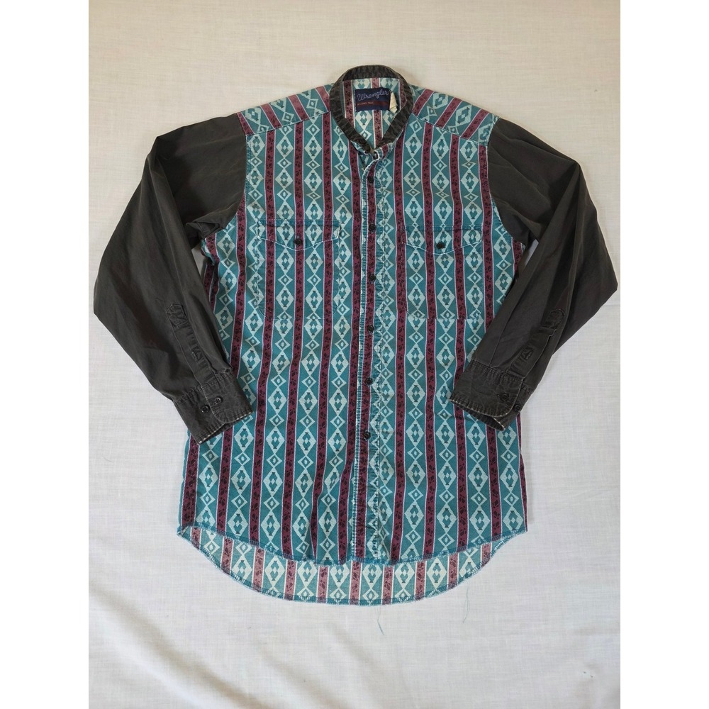 Vintage Wrangler Western Shirt X-Long Tails M‎ Aztec Stripe Band Collar Teal 90s